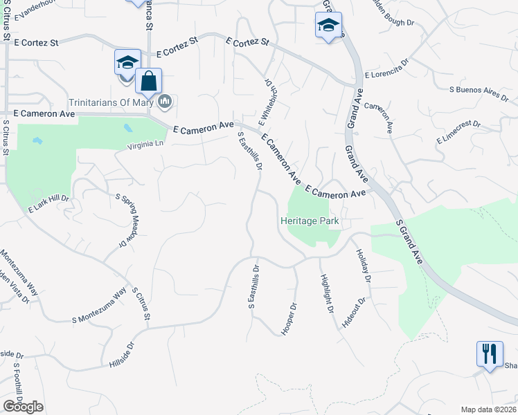 map of restaurants, bars, coffee shops, grocery stores, and more near 912 South Easthills Drive in West Covina