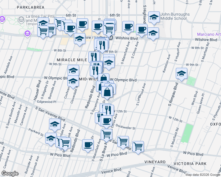 map of restaurants, bars, coffee shops, grocery stores, and more near 1039 South Orange Drive in Los Angeles