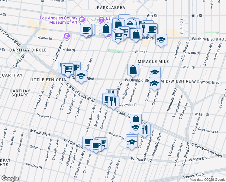 map of restaurants, bars, coffee shops, grocery stores, and more near 1051 Hauser Boulevard in Los Angeles