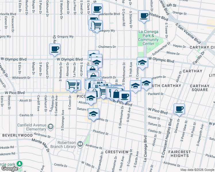map of restaurants, bars, coffee shops, grocery stores, and more near 1136 South Shenandoah Street in Los Angeles