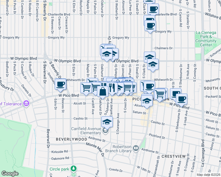 map of restaurants, bars, coffee shops, grocery stores, and more near 1139 South Wetherly Drive in Los Angeles