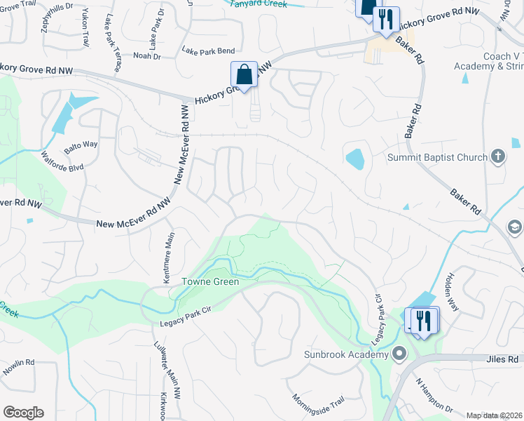 map of restaurants, bars, coffee shops, grocery stores, and more near 4259 Revere Walk in Kennesaw