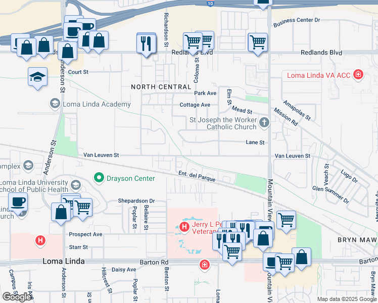 map of restaurants, bars, coffee shops, grocery stores, and more near 25388 Van Leuven Street in Loma Linda