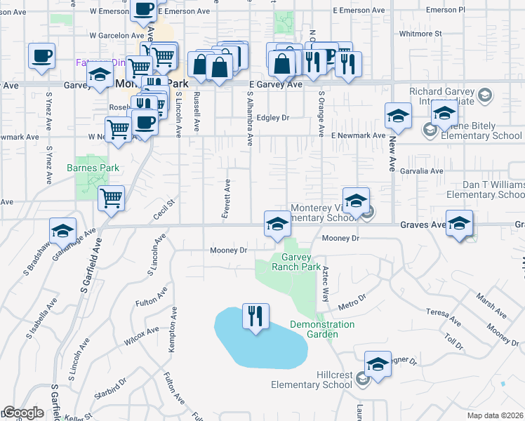map of restaurants, bars, coffee shops, grocery stores, and more near 526 South Alhambra Avenue in Monterey Park