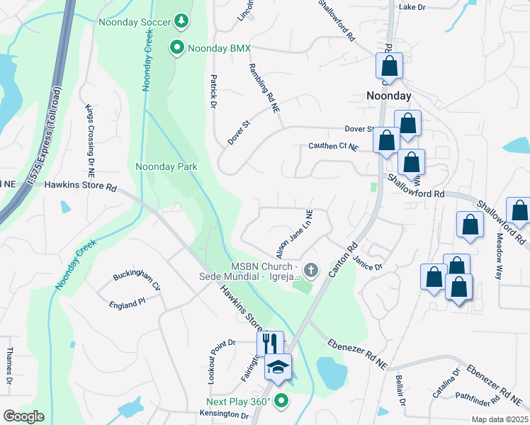 map of restaurants, bars, coffee shops, grocery stores, and more near 4282 Alison Jane Drive Northeast in Kennesaw