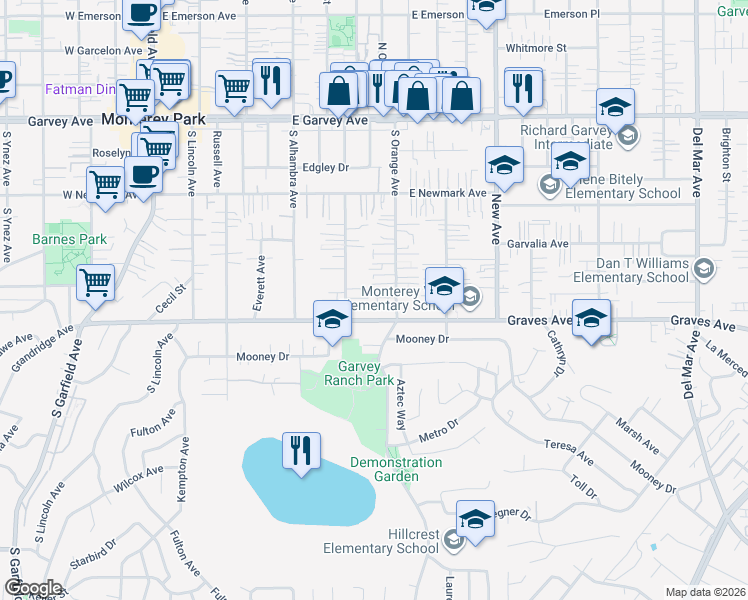 map of restaurants, bars, coffee shops, grocery stores, and more near 527 South Orange Avenue in Monterey Park