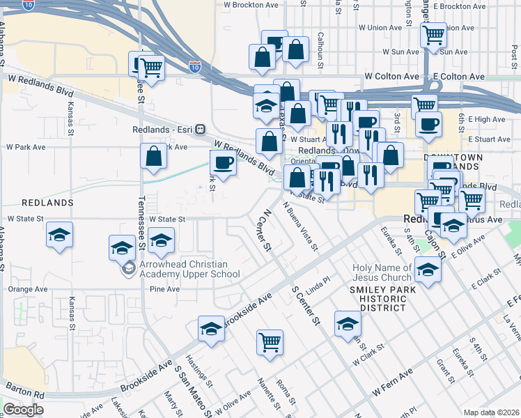 map of restaurants, bars, coffee shops, grocery stores, and more near 167 North Center Street in Redlands