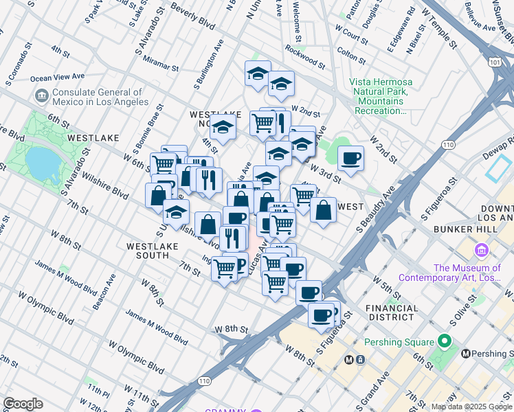 map of restaurants, bars, coffee shops, grocery stores, and more near 491 Hartford Avenue in Los Angeles