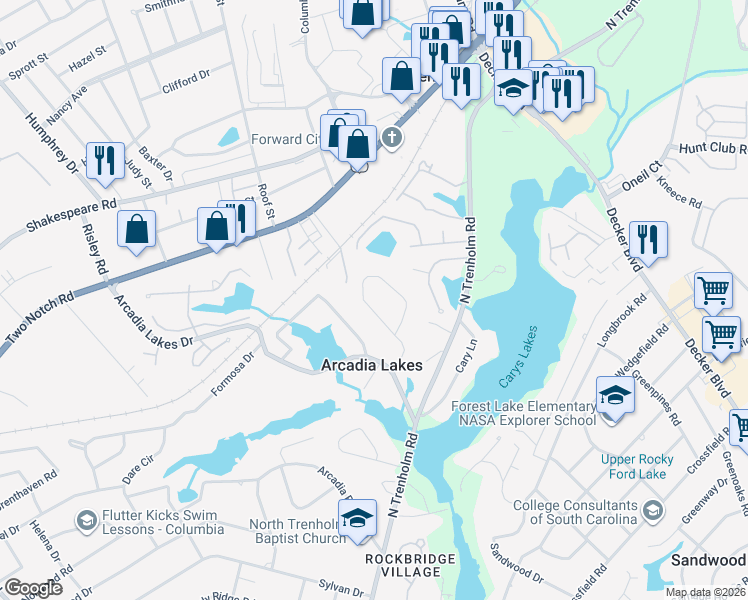 map of restaurants, bars, coffee shops, grocery stores, and more near 132 Arcadia Springs Circle in Columbia