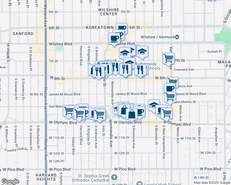 map of restaurants, bars, coffee shops, grocery stores, and more near 871 South Mariposa Avenue in Los Angeles