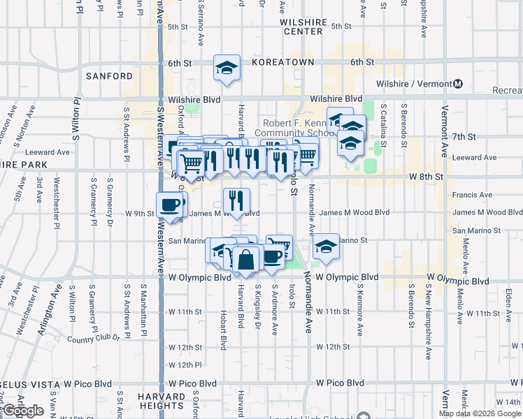 map of restaurants, bars, coffee shops, grocery stores, and more near 3301 James M Wood Boulevard in Los Angeles