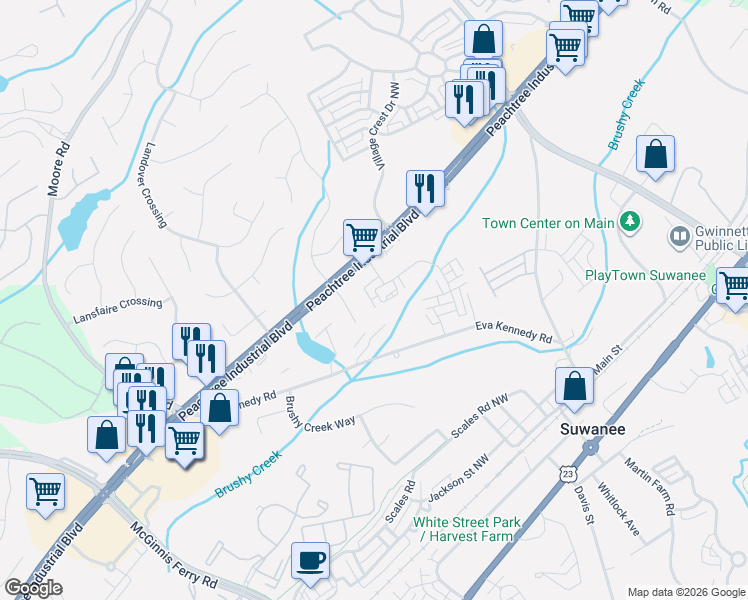 map of restaurants, bars, coffee shops, grocery stores, and more near 701 Eva Kennedy Road in Suwanee