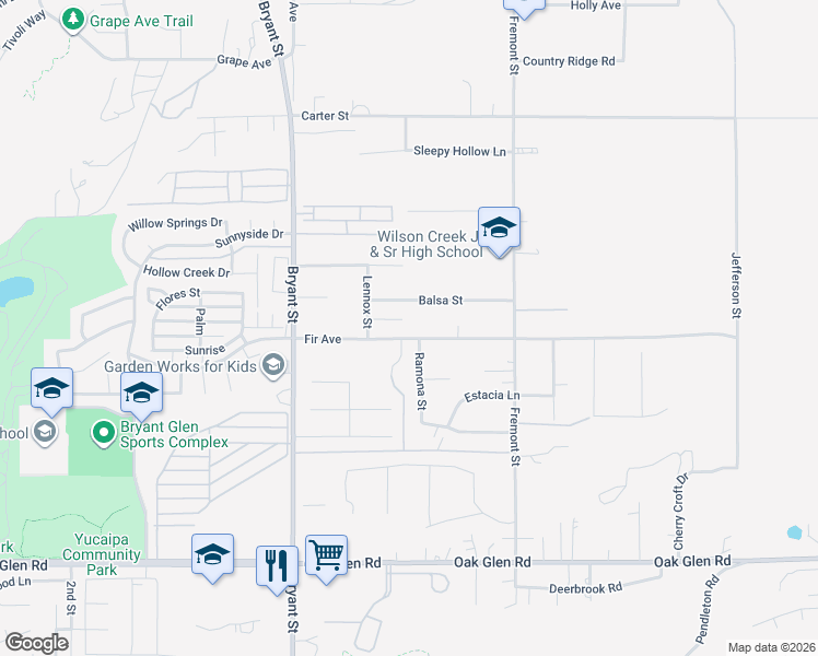 map of restaurants, bars, coffee shops, grocery stores, and more near 35502 Fir Avenue in Yucaipa