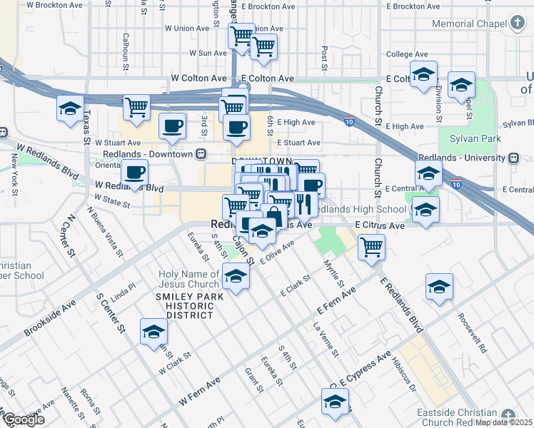 map of restaurants, bars, coffee shops, grocery stores, and more near 15 North 6th Street in Redlands