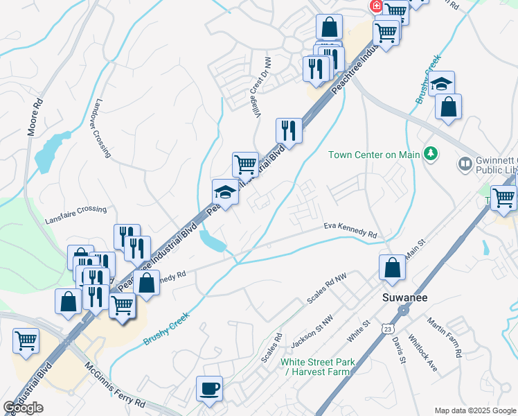 map of restaurants, bars, coffee shops, grocery stores, and more near 701 Eva Kennedy Road in Suwanee