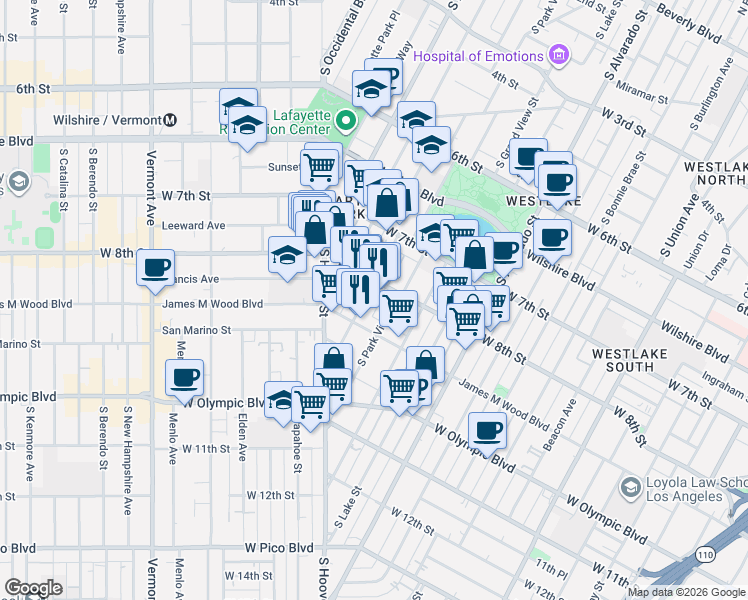 map of restaurants, bars, coffee shops, grocery stores, and more near 816 South Carondelet Street in Los Angeles