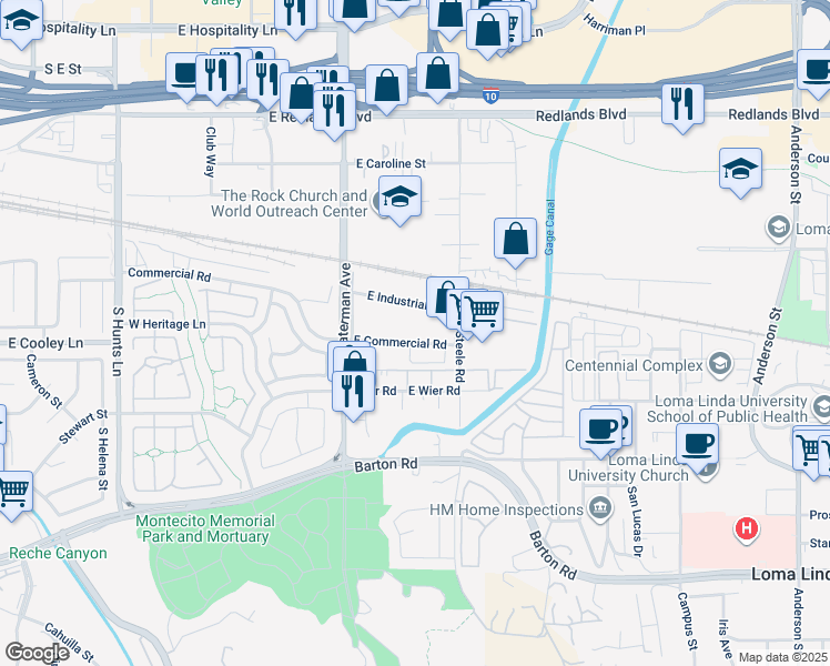 map of restaurants, bars, coffee shops, grocery stores, and more near 404 Commercial Road in San Bernardino