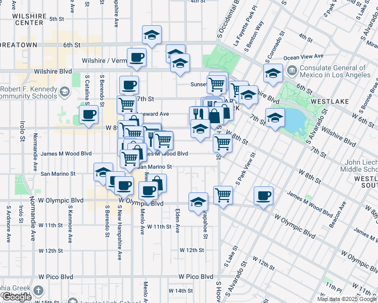 map of restaurants, bars, coffee shops, grocery stores, and more near 2701 James M Wood Boulevard in Los Angeles