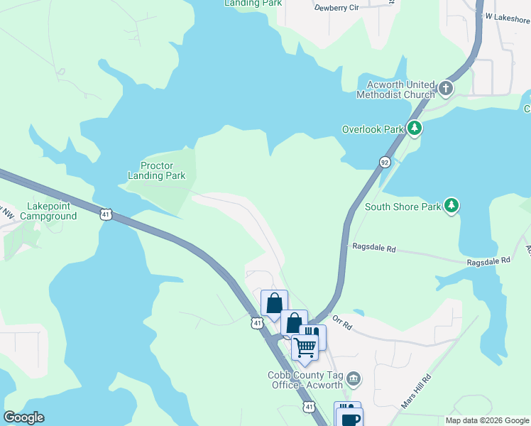 map of restaurants, bars, coffee shops, grocery stores, and more near 5192 Proctor Landing Northwest in Acworth