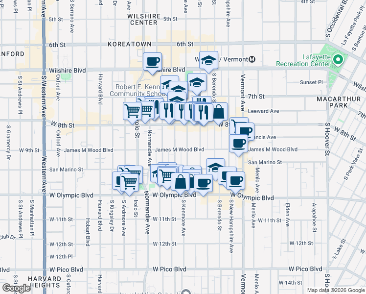 map of restaurants, bars, coffee shops, grocery stores, and more near 3089 West 9th Street in Los Angeles