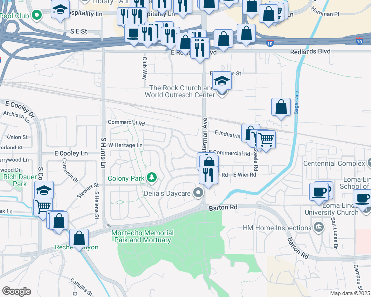 map of restaurants, bars, coffee shops, grocery stores, and more near 256 East Manchester Lane in San Bernardino