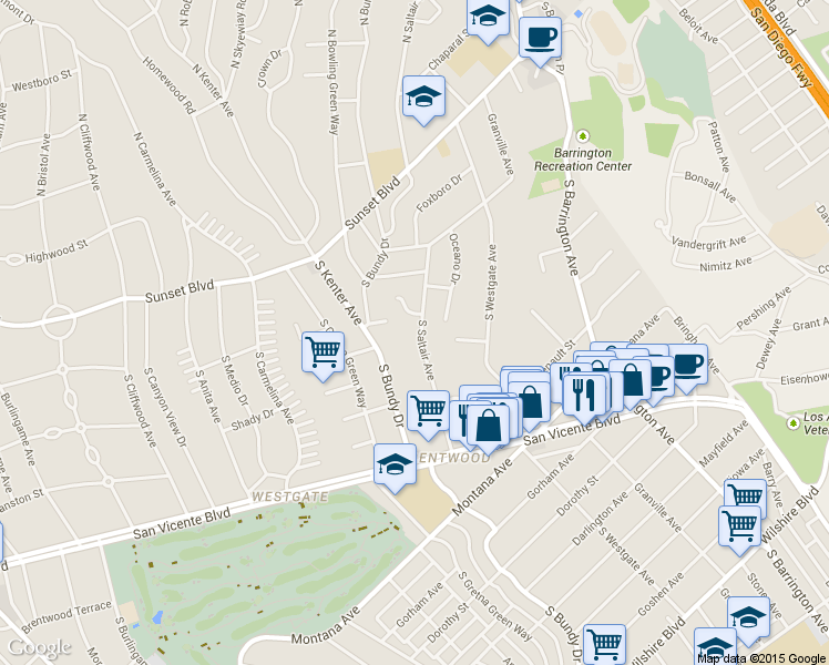 map of restaurants, bars, coffee shops, grocery stores, and more near 363 South Saltair Avenue in Los Angeles
