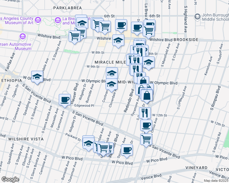 map of restaurants, bars, coffee shops, grocery stores, and more near 1039 South Cloverdale Avenue in Los Angeles