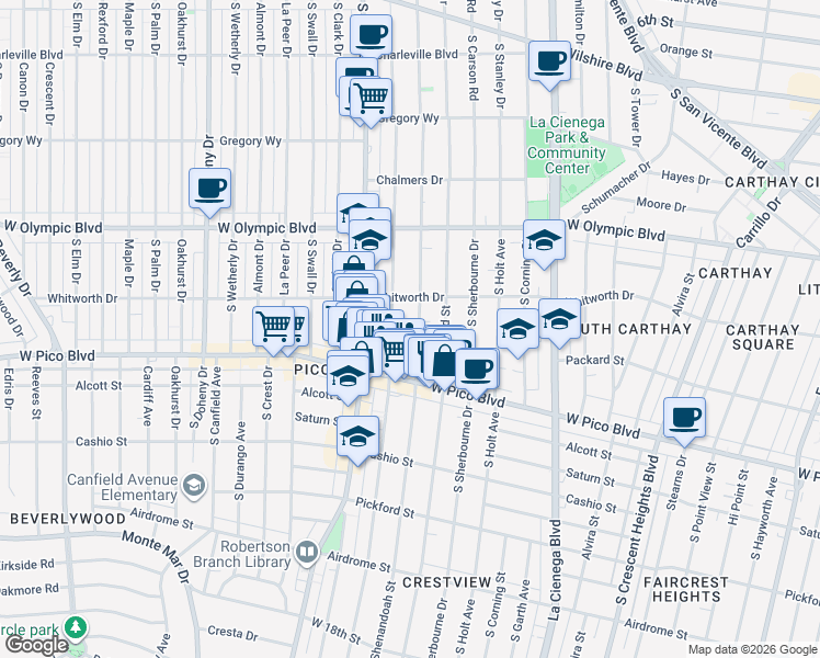 map of restaurants, bars, coffee shops, grocery stores, and more near 1135 South Shenandoah Street in Los Angeles
