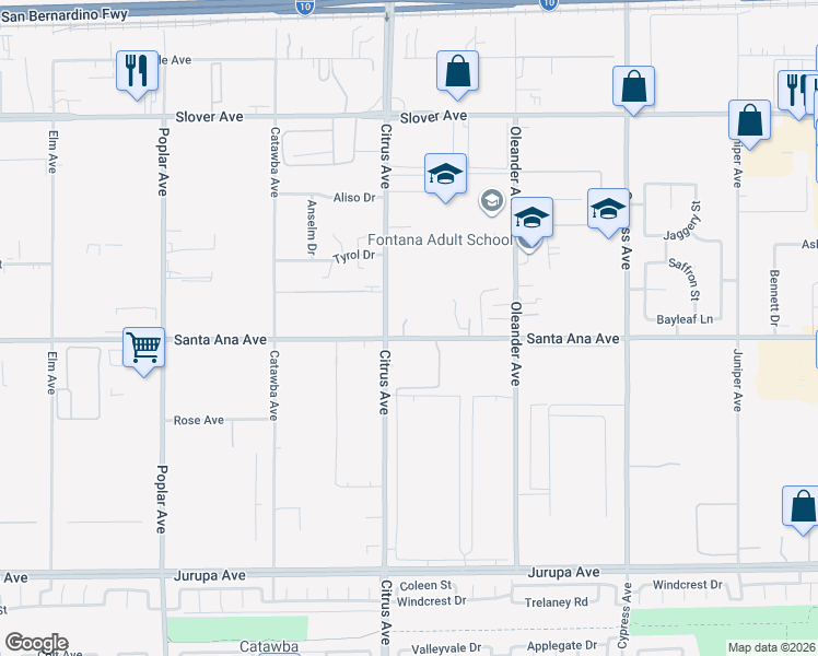 map of restaurants, bars, coffee shops, grocery stores, and more near 16140 Santa Ana Avenue in Fontana