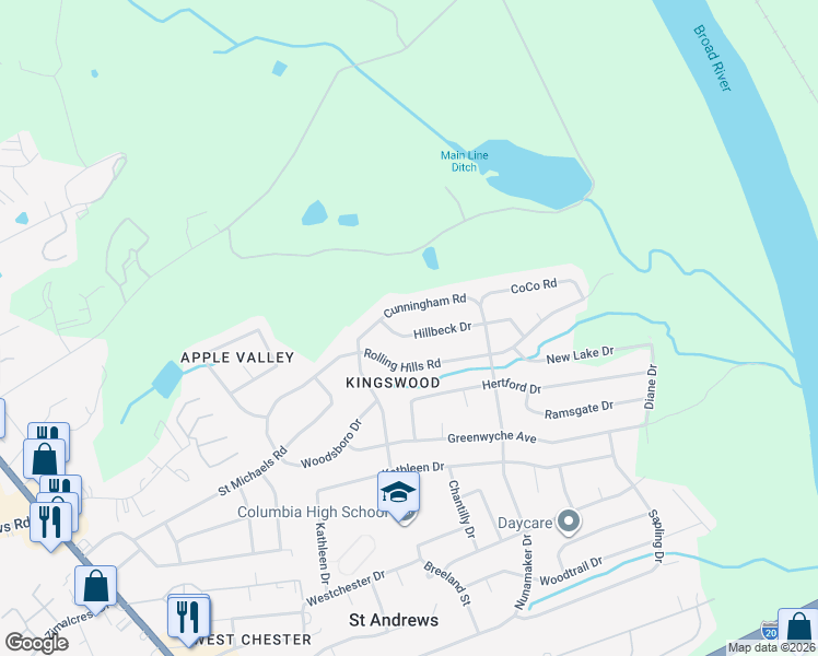 map of restaurants, bars, coffee shops, grocery stores, and more near 2201 Hillbeck Drive in Columbia