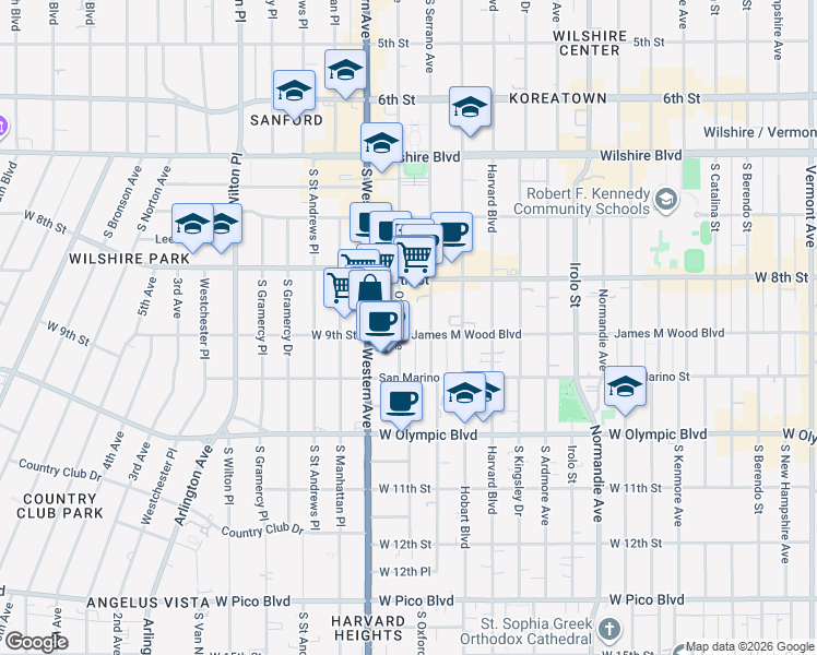 map of restaurants, bars, coffee shops, grocery stores, and more near 854 South Oxford Avenue in Los Angeles