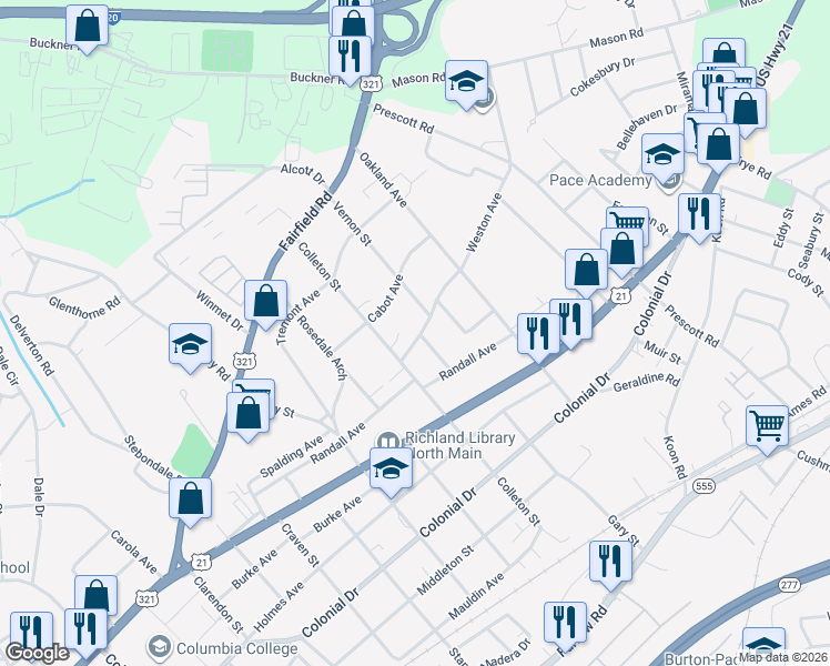 map of restaurants, bars, coffee shops, grocery stores, and more near 5515 Weston Avenue in Columbia