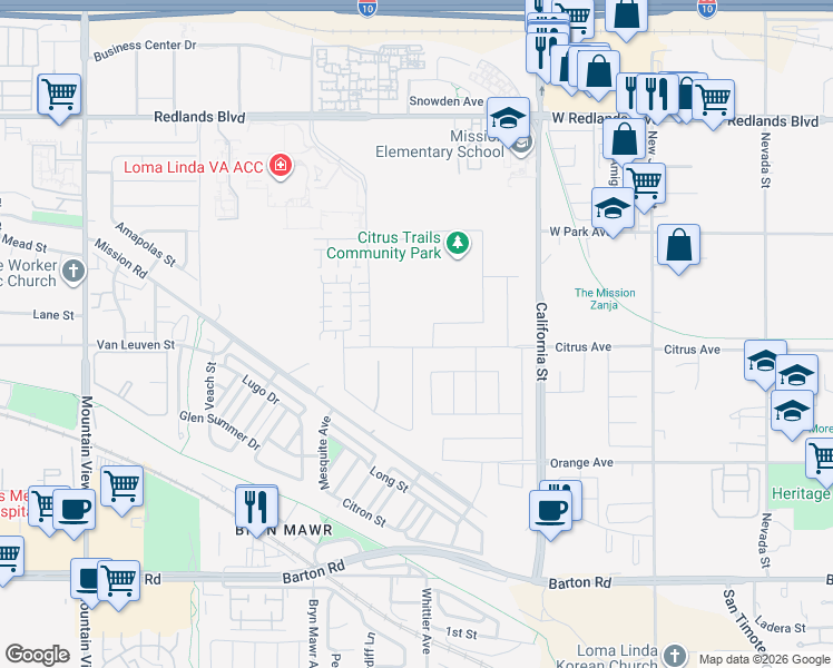 map of restaurants, bars, coffee shops, grocery stores, and more near 10700-10898 Hampton Dr in Redlands
