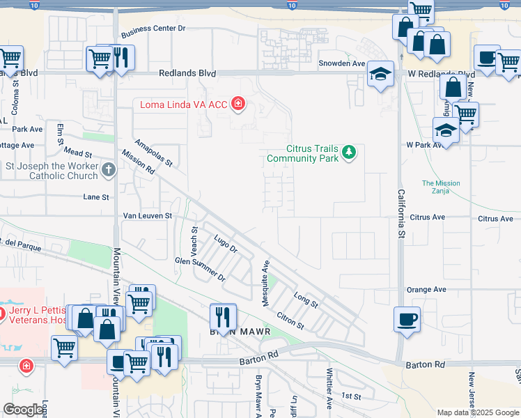 map of restaurants, bars, coffee shops, grocery stores, and more near 26109 Mercury Drive in Loma Linda
