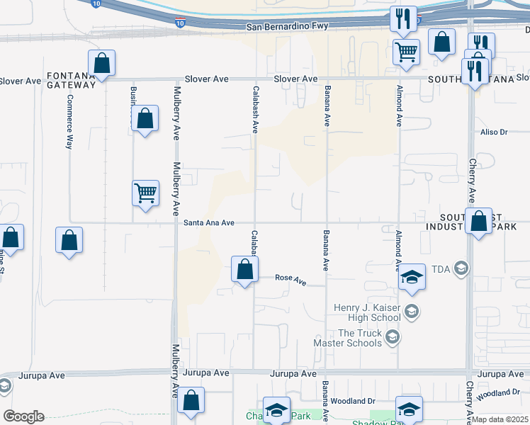 map of restaurants, bars, coffee shops, grocery stores, and more near 13946 Santa Ana Avenue in Fontana
