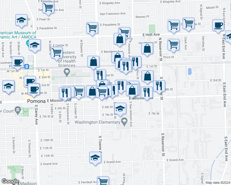 map of restaurants, bars, coffee shops, grocery stores, and more near 888 4th Street in Pomona