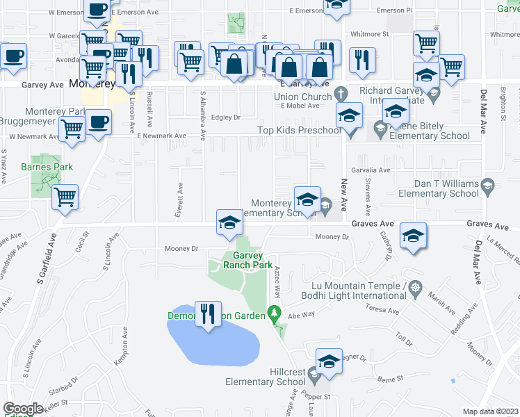 map of restaurants, bars, coffee shops, grocery stores, and more near 527 South Orange Avenue in Monterey Park