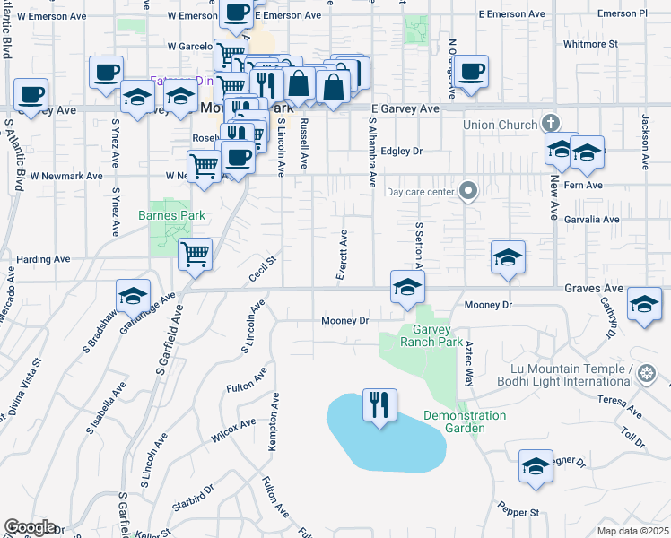 map of restaurants, bars, coffee shops, grocery stores, and more near 527 Everett Avenue in Monterey Park