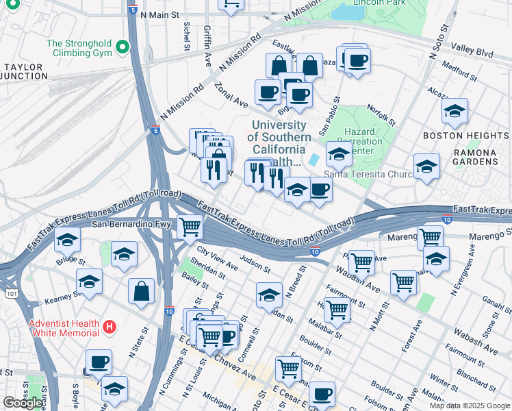 map of restaurants, bars, coffee shops, grocery stores, and more near 1036 Brittania Street in Los Angeles