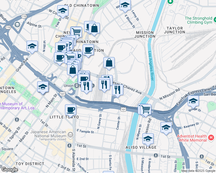 map of restaurants, bars, coffee shops, grocery stores, and more near 1 Gateway Plaza in Los Angeles