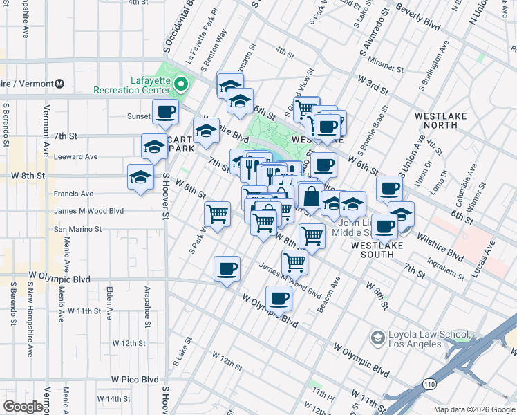 map of restaurants, bars, coffee shops, grocery stores, and more near 736 South Lake Street in Los Angeles