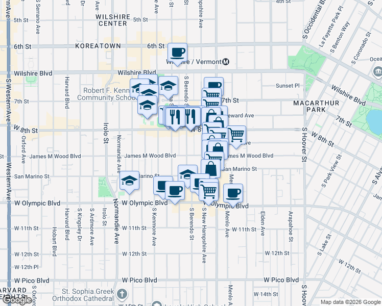 map of restaurants, bars, coffee shops, grocery stores, and more near in Los Angeles