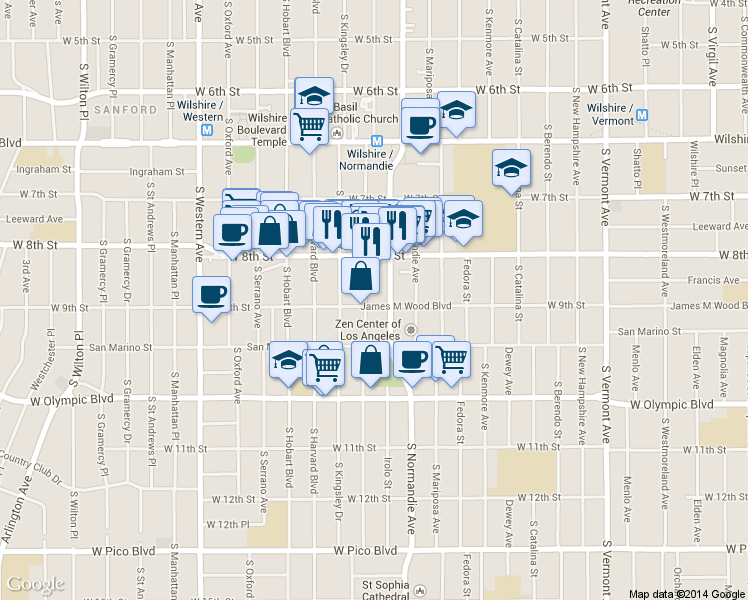 map of restaurants, bars, coffee shops, grocery stores, and more near 869 South Ardmore Avenue in Los Angeles