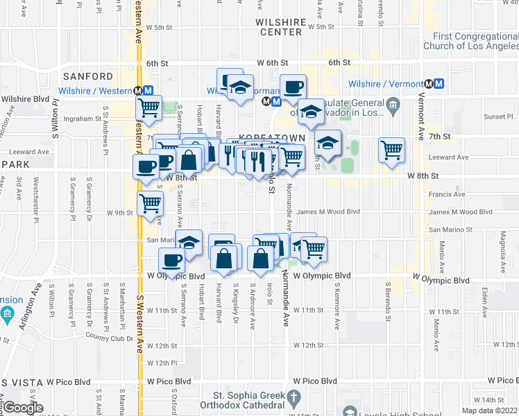 map of restaurants, bars, coffee shops, grocery stores, and more near 869 South Ardmore Avenue in Los Angeles