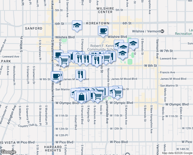 map of restaurants, bars, coffee shops, grocery stores, and more near 860 South Ardmore Avenue in Los Angeles