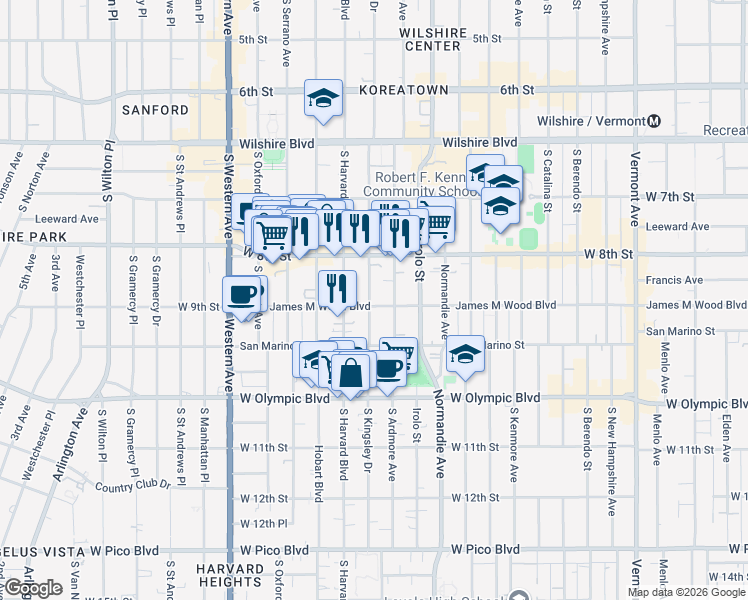 map of restaurants, bars, coffee shops, grocery stores, and more near 3301 James M Wood Boulevard in Los Angeles