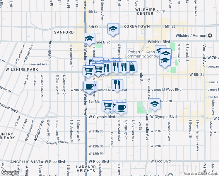 map of restaurants, bars, coffee shops, grocery stores, and more near 858 South Hobart Boulevard in Los Angeles