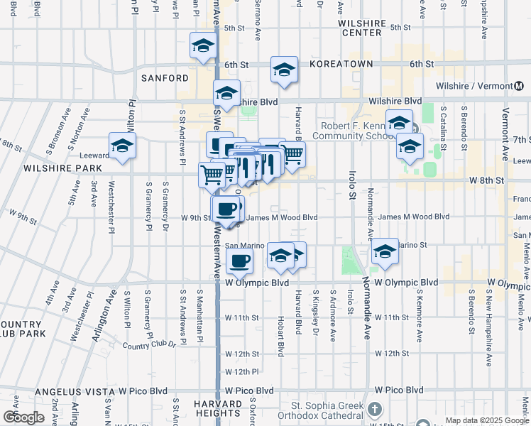 map of restaurants, bars, coffee shops, grocery stores, and more near 854 South Serrano Avenue in Los Angeles