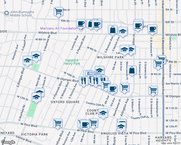 map of restaurants, bars, coffee shops, grocery stores, and more near 901 South Bronson Avenue in Los Angeles