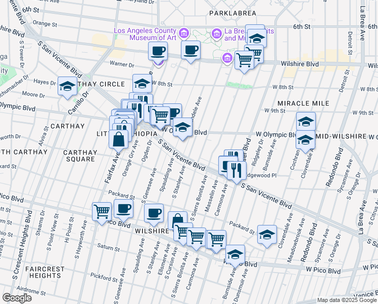 map of restaurants, bars, coffee shops, grocery stores, and more near 1053 South Stanley Avenue in Los Angeles